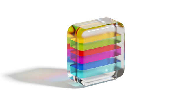 Stacked transparent glass blocks with colorful inserts representing data storage, knowledge base, or learning modules, isolated on white