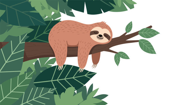 Adorable sloth sleeps soundly on a thick tree branch surrounded by lush green jungle leaves in a peaceful wildlife illustration.