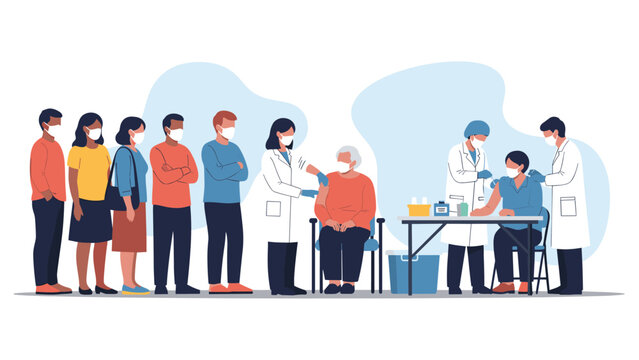 Group of diverse people wearing face masks standing in a queue at a medical clinic while healthcare workers administer vaccinations in line.