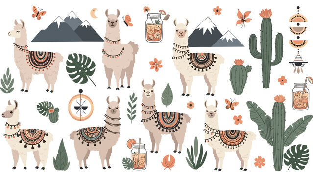 Extensive collection of boho style llamas, cacti, mountains, tropical leaves, and floral elements in warm desert tones on white background.