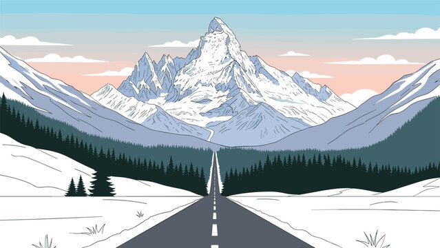 Long straight road leading towards a majestic snow-covered mountain peak under a soft pink and blue sunset sky with dense pine forests.