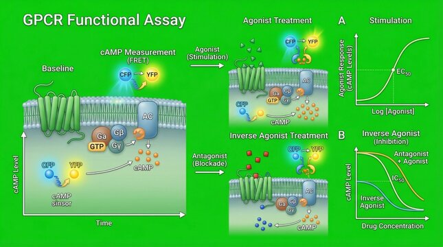 A scientific illustration of GPCR functional assay processes and their effects on cellular responses.