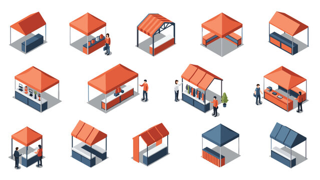 Collection of isometric market stalls and street vendors provides various designs for retail and commerce festival event graphics.