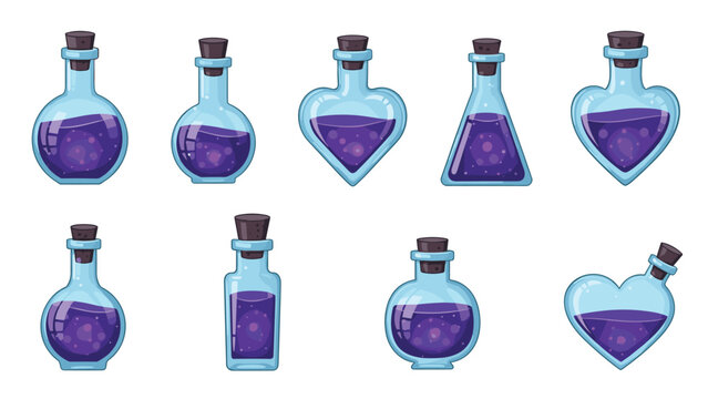 Set of magical potion bottles in different shapes contains sparkling purple liquid for fantasy role playing games and enchanting designs.