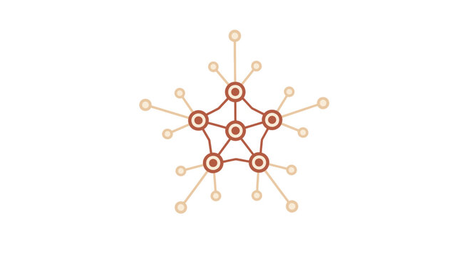 Abstract network diagram with a central pentagonal node structure and radiating connections, symbolizing data flow, communication, community, and interconnected systems.