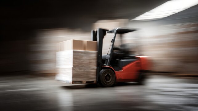 Forklift truck lifting cardboard boxes in busy warehouse logistics center