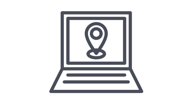 Laptop with location pin icon vector illustration. Minimalist black line art of a computer showing a map marker symbol. Scalable graphic for digital navigation, GPS tracking, and online maps.