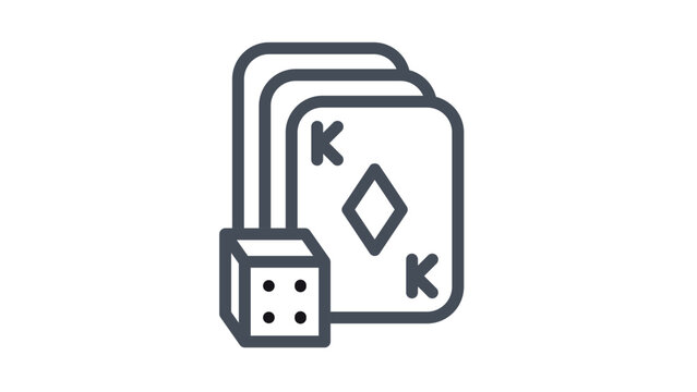 Minimalist black line vector icon illustration of gambling and casino elements featuring a stack of playing cards with a King of Diamonds on top and a six-sided die in the foreground.