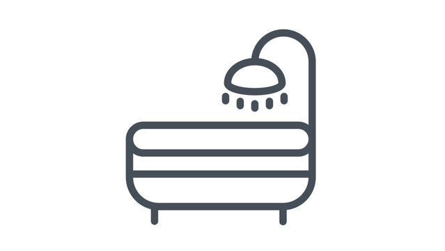 Minimalist black line vector icon illustration of a bathtub with an overhead shower head, representing bathroom hygiene, relaxation, spa, and home plumbing fixtures on a white background.