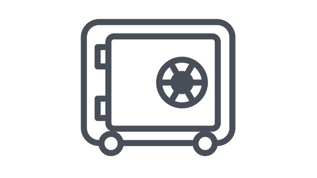 Minimalist black line vector icon illustration of a bank safe or security vault with a combination lock and wheels, symbolizing financial protection, wealth storage, and data security.