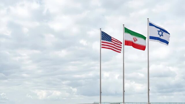 USA, Iran, and Israel flags with digital glitch overlay and distorted interface. Cyber warfare, geopolitical conflict, data disruption, information warfare, and global crisis in modern technology era.