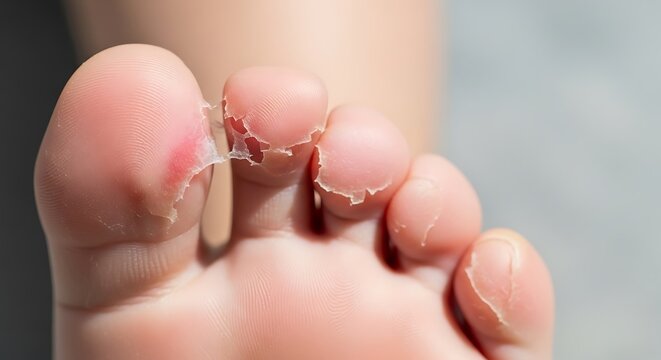 A very close-up shot of a human foot showing peeling skin on the toes, indicative of a skin condition.