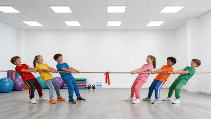 Fototapeta premium Children playing tug of war in gym