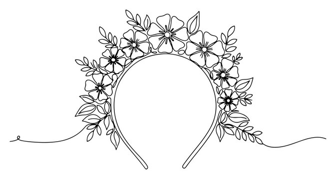 Floral headband with decorative flowers and leaves in continuous line art style