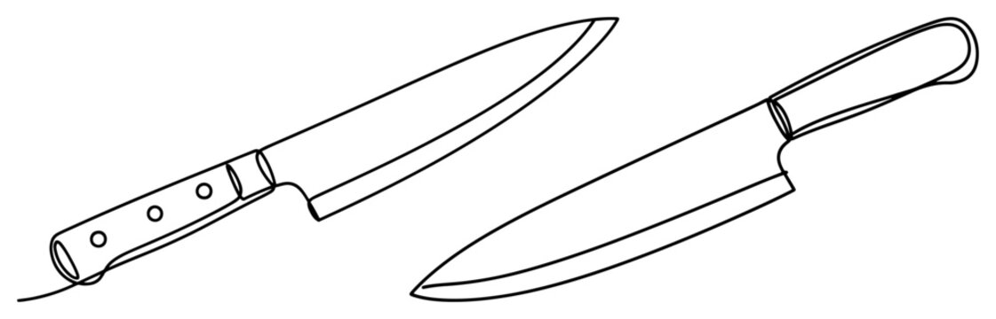 Kitchen chef knives for cooking and food preparation in minimalist continuous line art style