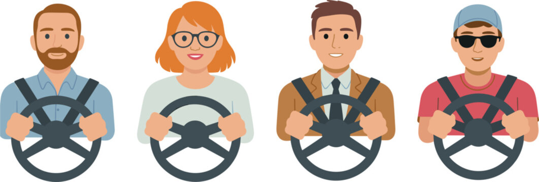 Drivers holding steering wheel set, diverse people driving cars, transportation vector illustration collection