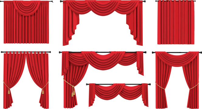 Red stage curtains vector illustration set featuring elegant drapery theater curtains with folds swags and ties isolated on clean background for interior and performance design