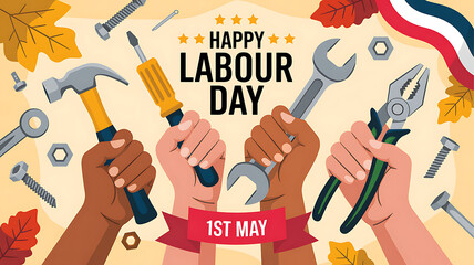 Naklejka premium A vibrant illustration celebrating Labour Day with tools and hands