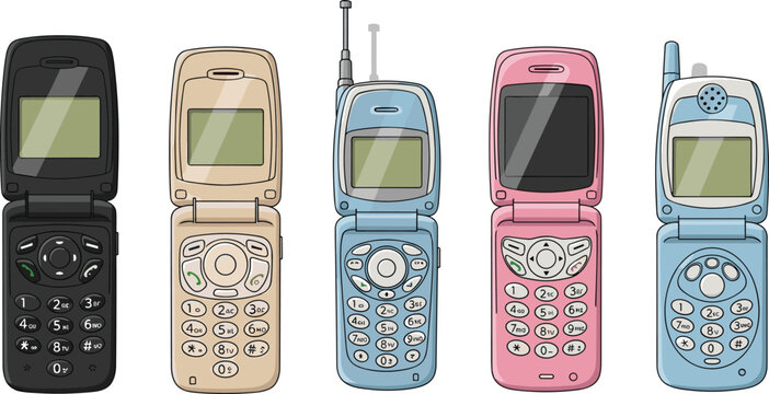 Retro flip phones vector illustration set featuring vintage mobile devices with antennas and classic keypad design isolated on clean background for technology nostalgia theme