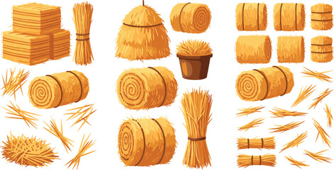 Hay bale collection vector illustration featuring straw bundles stacks rolls and scattered pieces isolated on clean background for agriculture harvest and farming design © MD