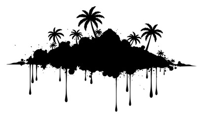 Tropical island silhouette with palm trees and mountains in grunge drip style © Katarzyna