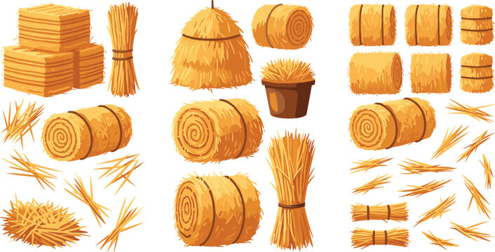Hay bale collection vector illustration featuring straw bundles stacks rolls and scattered pieces isolated on clean background for agriculture harvest and farming design