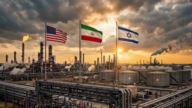 US, Iran, and Israel flags wave above an industrial oil refinery plant at sunset. National symbols represent global energy economy, international resource conflict, and geopolitical trade tension.