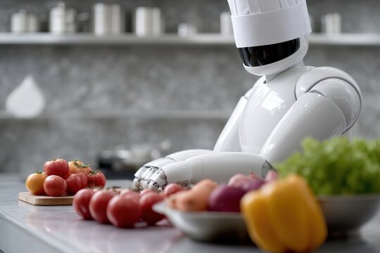 Humanoid robot helping chef arrange fresh vegetables before cooking