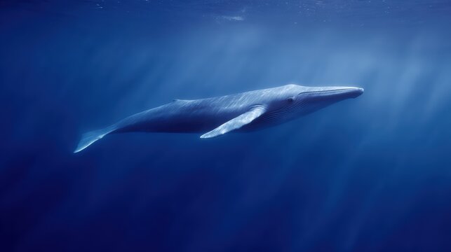 Fin whale swimming in deep blue ocean water, majestic marine mammal wildlife concept