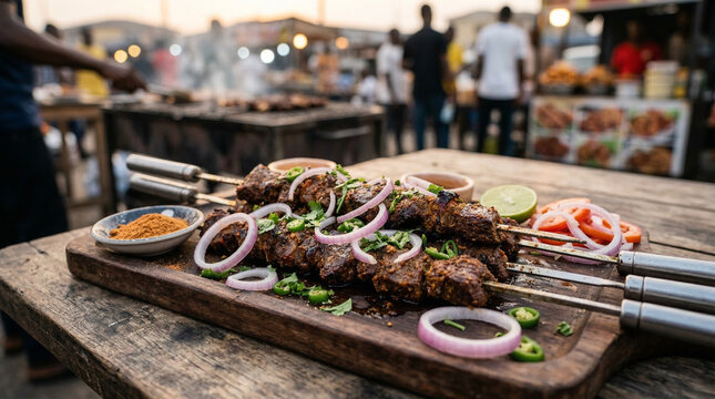 grilled suya beef skewers with spices and onions 