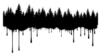 Pine forest trees silhouette with black dripping paint and ink splatters nature grunge style © Katarzyna