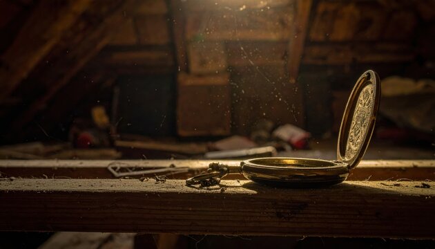 Tarnished antique brass locket partially open, revealing an empty space bathed in dusty sunlight in a vintage attic.
