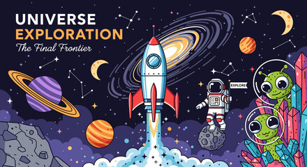 Colorful cartoon illustration of universe exploration with a rocket launch, planets, an astronaut, and friendly aliens in outer space. © cemoro