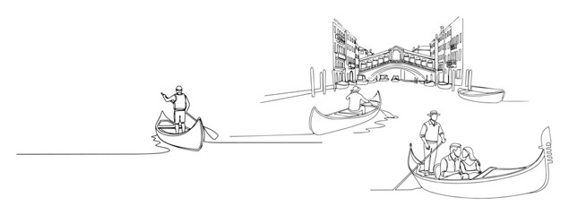Gondolas floating through Venice canals near Rialto Bridge in minimalist continuous line art style © Katarzyna