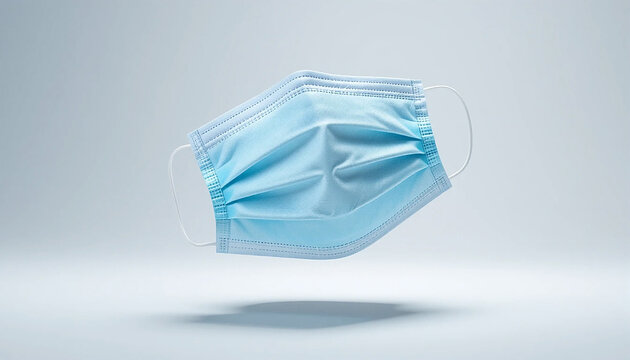 floating blue surgical face mask on gray background