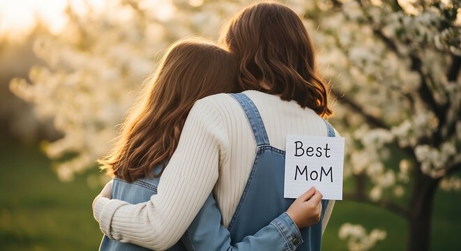 A heartwarming moment of a young girl hugging her mom from behind, holding a sign that reads best mom in a beautiful outdoor setting with blooming trees