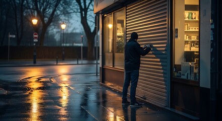 Obraz premium A person closes a storefront rolling security gate on a wet, dimly lit street during twilight hours.