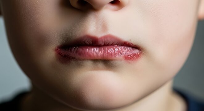 Close-up of a child's lips with red, cracked, and dry sores, possibly indicating a cold sore or chapped lips.