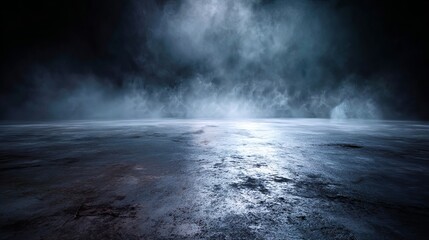 Fototapeta premium Dark room concrete floor shows abstract image. Black stage background offers product placement. Panoramic view reveals fog, mist, or smog moving on black.