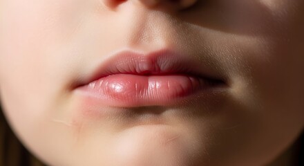 Naklejka premium An intimate close-up captures the soft, natural texture of a young person's lips, highlighted by gentle light and smooth skin.