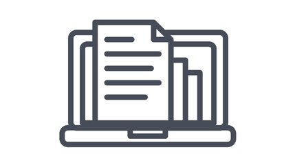 Black line vector icon of a laptop computer featuring a document file and a bar chart on its screen, symbolizing digital data analysis, business reporting, and modern office technology solutions. © Rohan