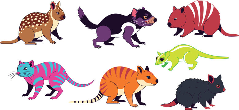 Colorful Mammals Vector Set Featuring Different Species Like Cats, Tasmanian Devils, and Other Wildlife Creatures for Animal Illustrations