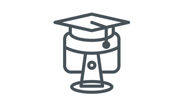 Online education vector icon featuring a computer monitor wearing a graduation cap, representing e-learning, digital learning, and distance education concepts in a minimalist black line style.
