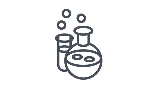 Black line art vector illustration of laboratory glassware including a test tube and a boiling flask with bubbles, representing science, chemistry experiments, and medical research.