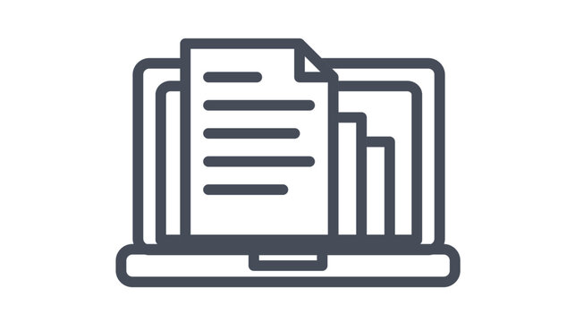 Black line vector icon of a laptop computer featuring a document file and a bar chart on its screen, symbolizing digital data analysis, business reporting, and modern office technology solutions.
