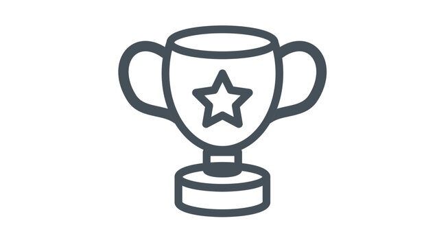 Minimalist black line art vector icon of a trophy cup award with a star symbol on the front, representing success, achievement, winning, and competition, isolated on a white background.