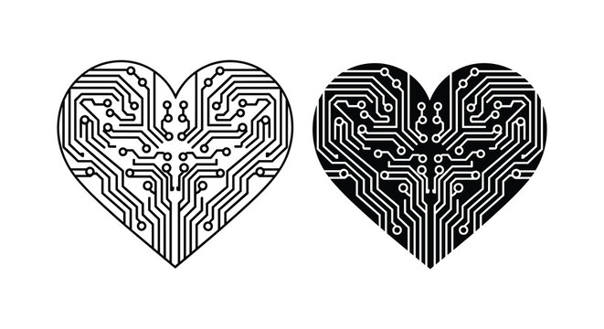 Circuit board heart shapes, electronic love symbols, black and white icons, technology illustration, digital hearts