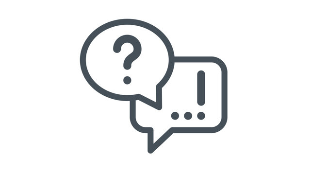 Minimalist vector icon illustration of two overlapping speech bubbles representing communication, customer support, and feedback, featuring a question mark and ellipsis for questions and answers.