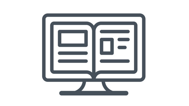 Minimalist black vector icon of a computer monitor with an open book on the screen, symbolizing e-learning, digital library, online education, and electronic reading, isolated illustration.