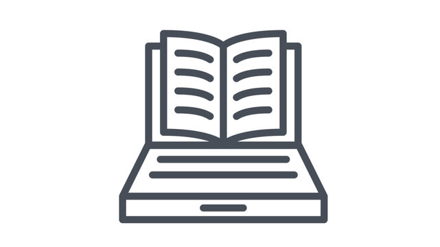 Online education and digital learning vector icon illustration featuring an open book on a laptop screen, representing e-learning, remote study, electronic books, and academic technology.